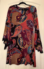 MSK Womens Multicolor Dress with Flared Sleeves, Decorative black trim cuffs, S