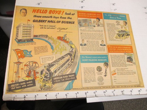 newspaper ad 1944 Gilbert American Flyer train erector set chemistry microscope