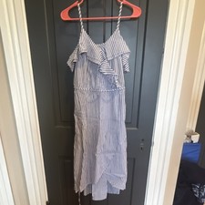 A New Day Striped V-Neck Sleeveless Midi Dress Tie Ruffle S Blue White Cotton