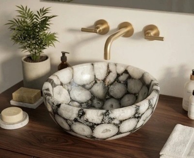 Natural White Agate Vessel Sink | Luxury Gemstone Bathroom Basin | Handmade Sink