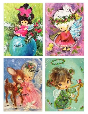 Vintage Christmas 1960's Retro Girl Angels Harp 4x Card Topper -9cm W x 12.2cm H - image 1 of 2