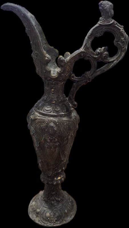 VTG Metal Brass Spelter Ornate Caduceus Cherub Angel Handle Ewer Pitcher URN 13"