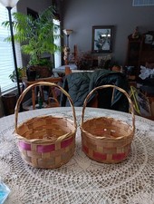 Vintage Pair of Woven 1960's Bamboo  Easter Baskets 7.5  8.5 inch pink/green