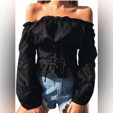 Women’s Black Renaissance Long Sleeve Shirt Off Shoulder Corset Blouse Top XL