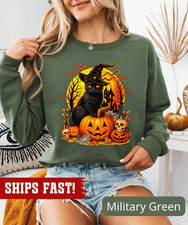 Retro Halloween Black Cat Witch Pumpkin Sweatshirt Vintage Spooky Unisex Graphic