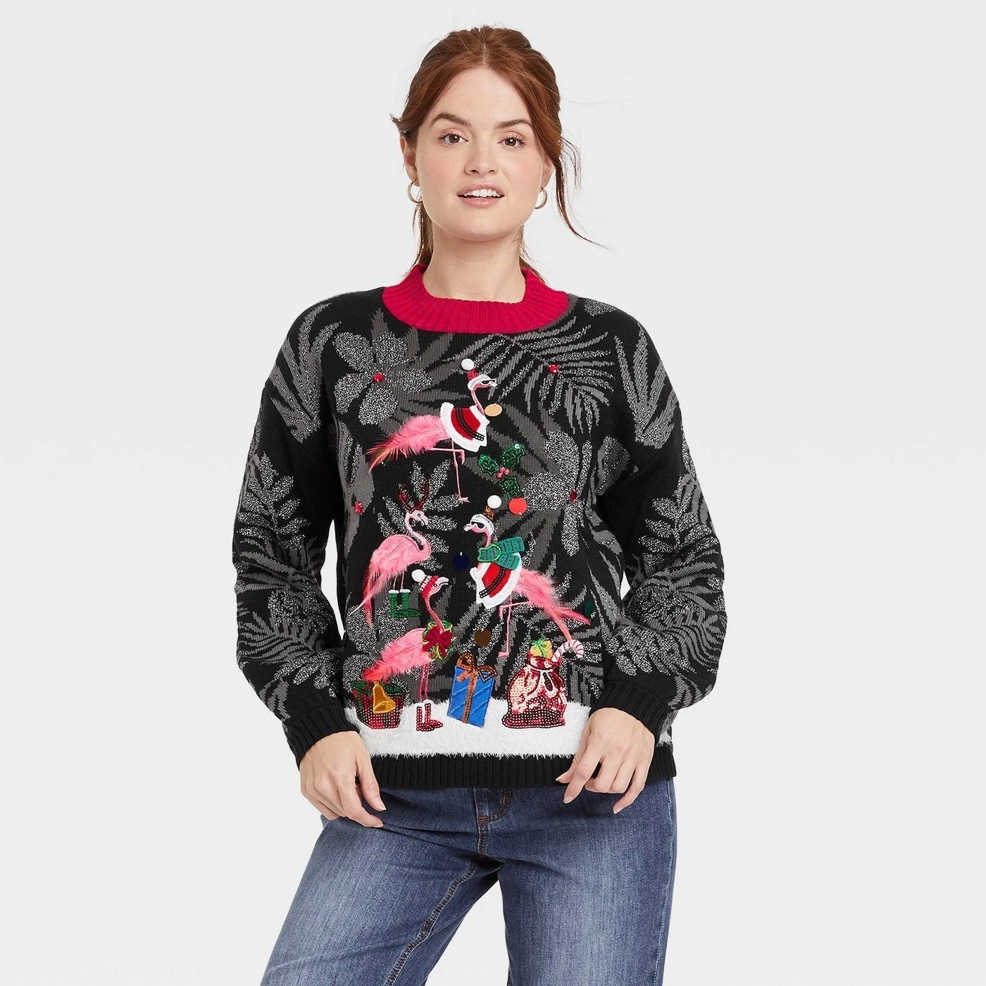 Women's M Medium Ugly Christmas Flamingo Tree Graphic Pullover Sweater - Black
