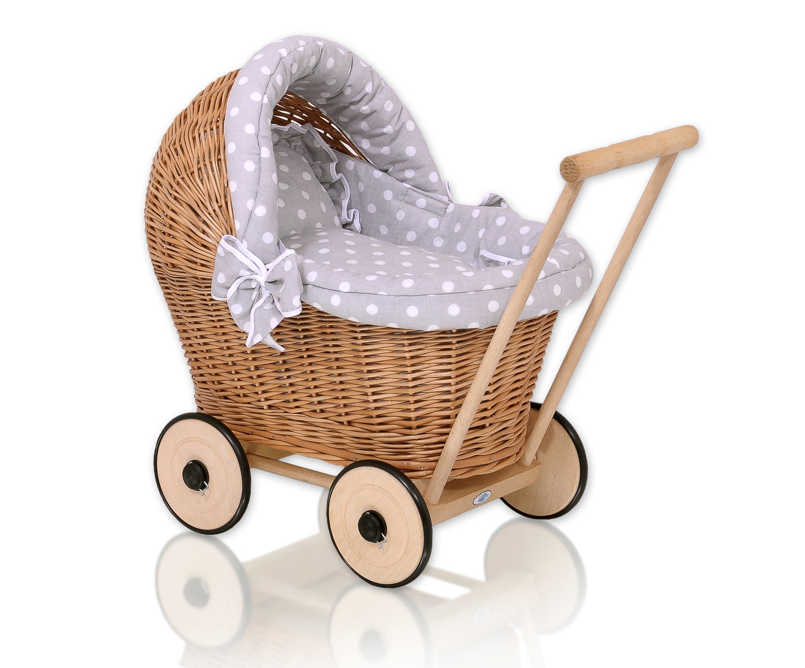 Passeggino per bambole Stella in vimini con biancheria