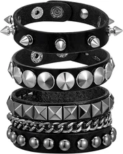 3 Pcs Punk Rock Studded Bracelets – Gothic Spike Cuff Set for Party or Costume