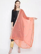 Women's  Stole Poly Chiffon Peach-Coloured & Silver-Toned Embroidered Dupatta