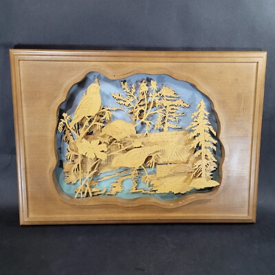 Vintage 3d Cut Wood Shadow Art Picture Framed Bird Cabin Scene Hand Made 17x12