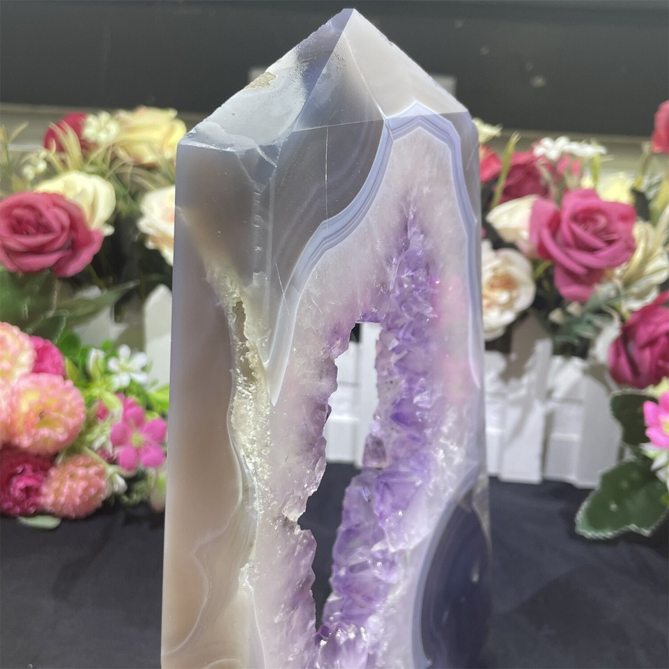 2.7LB 8.6" Amethyst Geode Grey Agate Obelisk Quartz Crystal Tower Point
