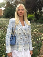 Balmain Baby Blue White Tweed Embellished Blazer Size 38 Rrp: £2500