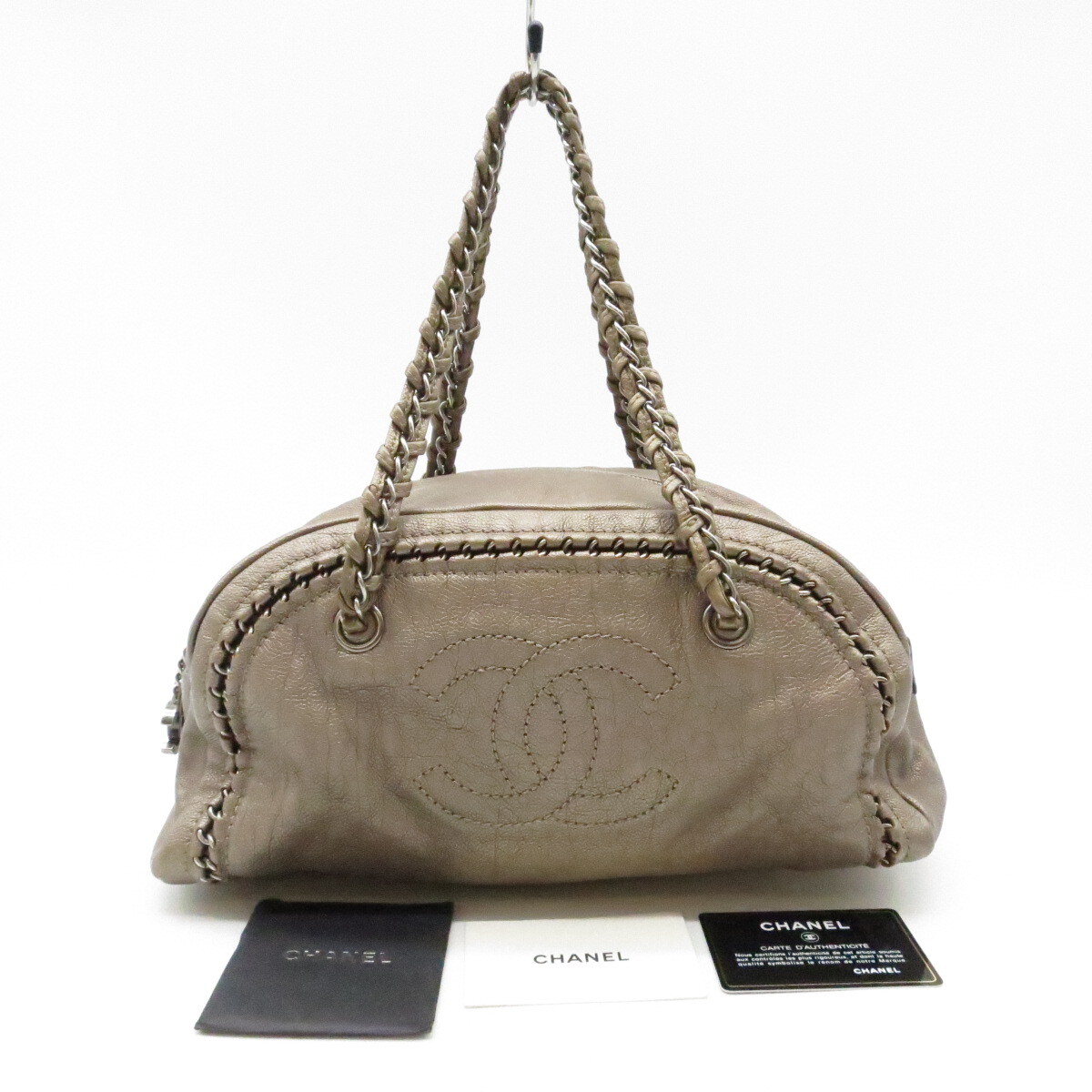 Authentic CHANEL Luxury Line Chain Shoulder Bag Bronze Leather