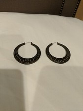 Vintage Earrings Hoop Wire Closure Hollow Metal Embossed Damask Motif Large