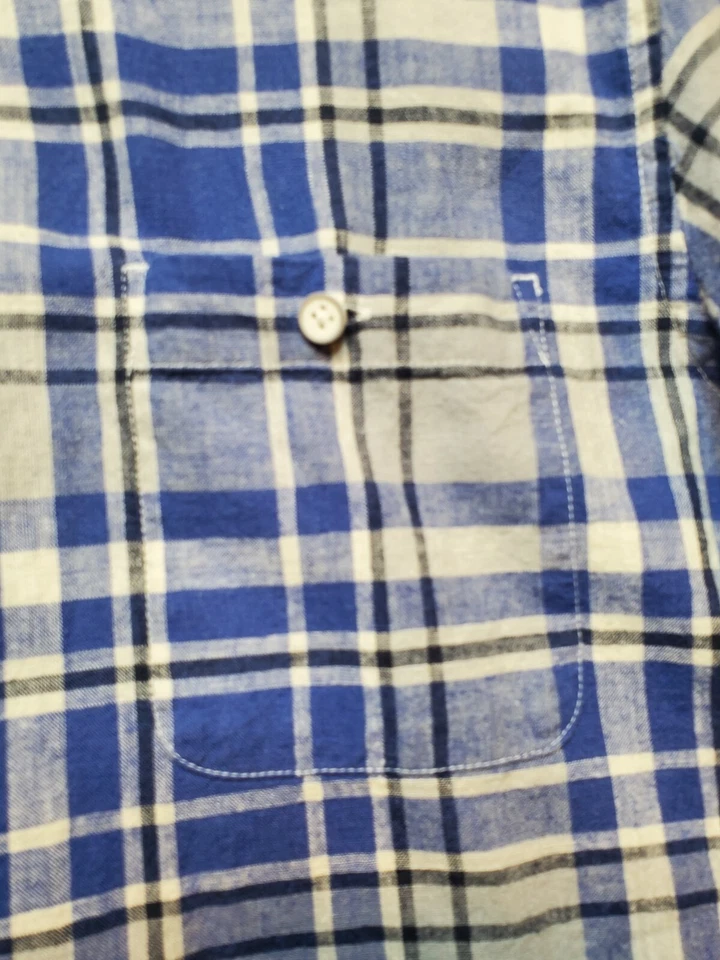 Report Collection Resort Mens Short Sleeve Button Shirt Large Blue Plaid Linen - Image 3 of 4