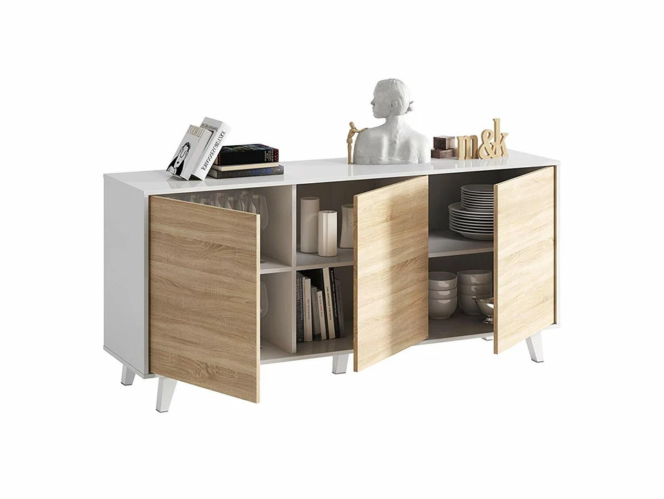 CREDENZA MODERNA MADIA KIT MOBILE BUFFET CON 3 ANTE LEGNO BIANCO LACCATO ROVERE - Immagine 4 di 4
