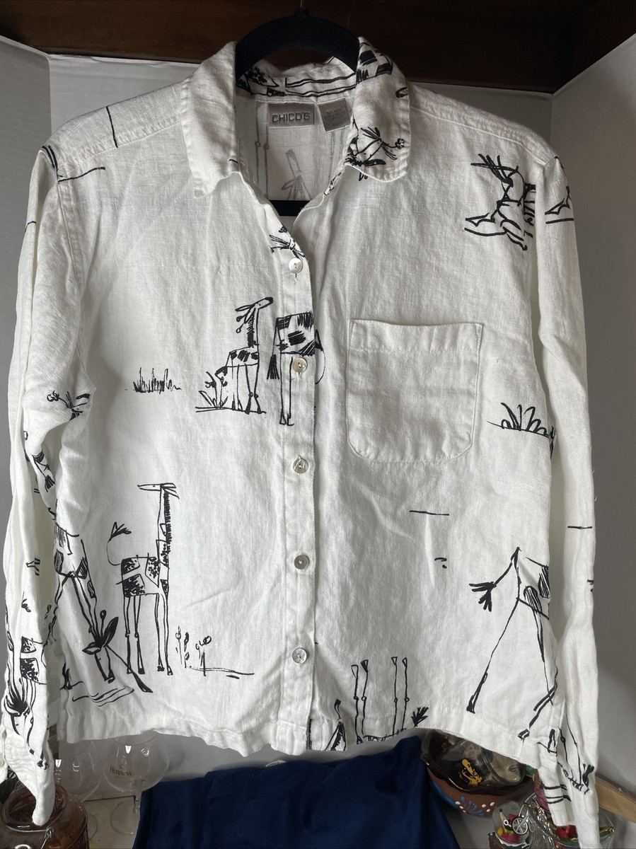 GOLFICKERS タオル地シャツ Sサイズ ホワイト Chicos Shirt Adult Size 0 Giraffes Mother Of Pearl Button Up