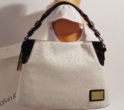 New Calvin Klein Logo Jacquard White Hobo Bag Handbag Purse Black Ivory 