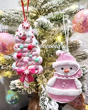 2pc Christmas Pastel Gingerbread Cookie Snowman Ice Cream Candy Ornaments Decor