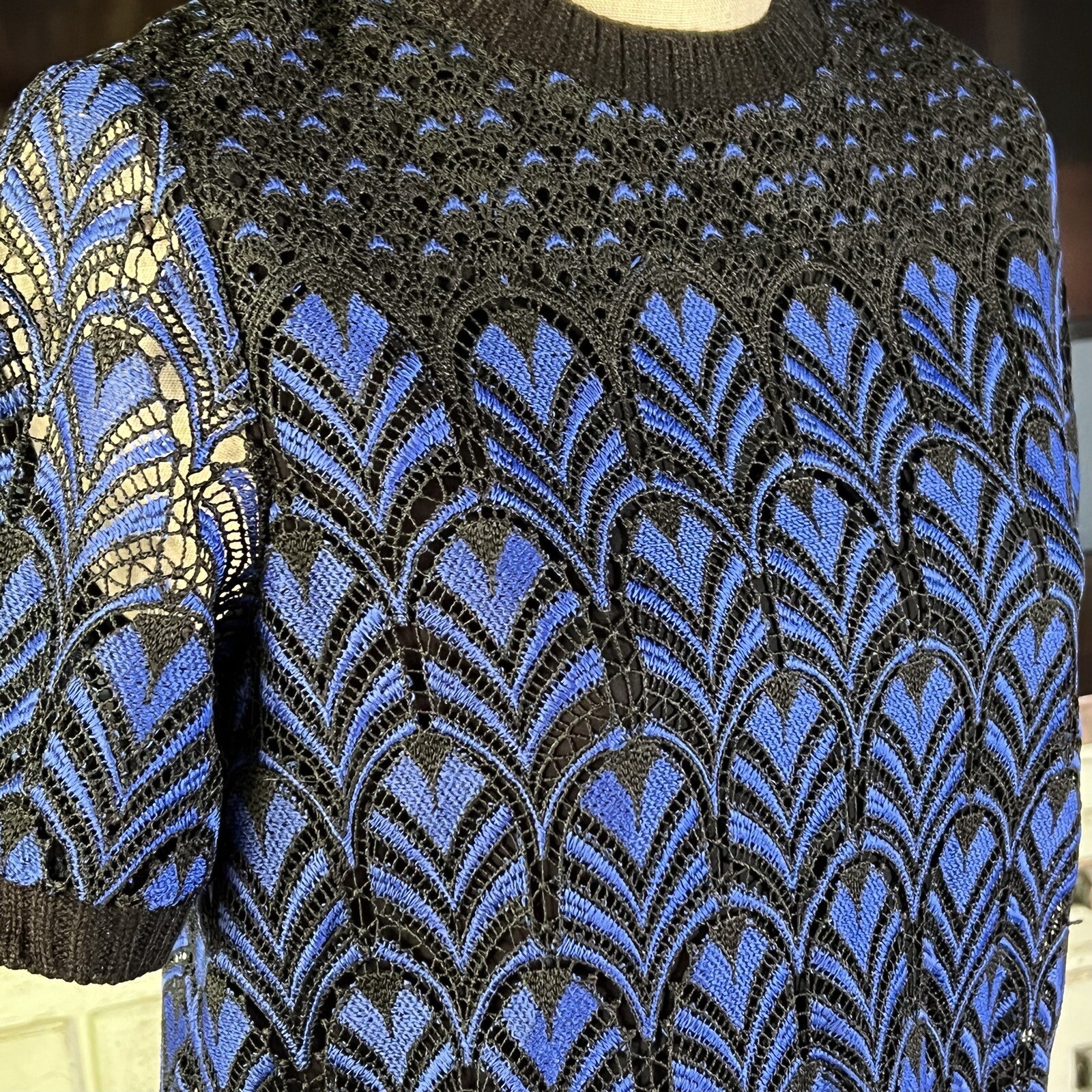 NWT New $130 Anthropologie Daniel Rainn Black Blue Lace Blouse Top S