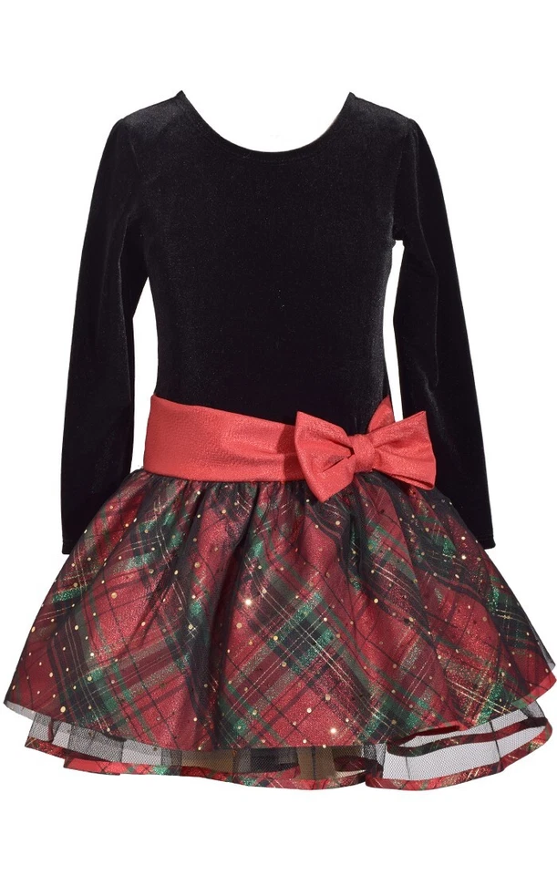 Bonnie Jean 4-16 Girls Christmas Holiday Santa Plaid Velvet Red Silver Bow dress - Image 2 of 4