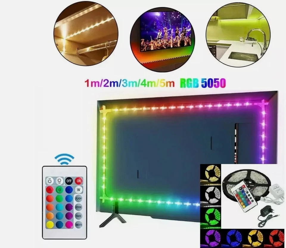 Striscia Led Rgb 5050 5M Adesiva 65WControllo Remoto Alimentatore 12V Waterproof - Immagine 3 di 4
