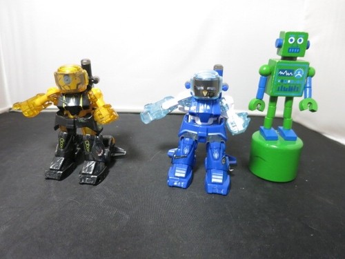 2 Battroborg Robot toys and Wooden Finger Push Puppet Robot 3pc lot