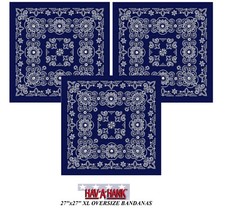 3- XL Hav-A-Hank BIG NAVY BLUE PAISLEY 27" Cotton BANDANNA Wrap FACE Mask Scarf