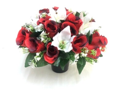 Künstliche Seide Grab Topf Blume Denkmal handgefertigt rote Rosen und weiße Lilien