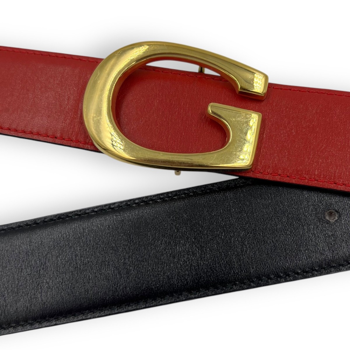 GUCCI Vintage 90s Reversible Red Black Leather Gold GG Logo