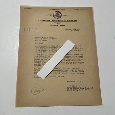 International Association of Machinists letter 1935 Signed C. W. Gibbs