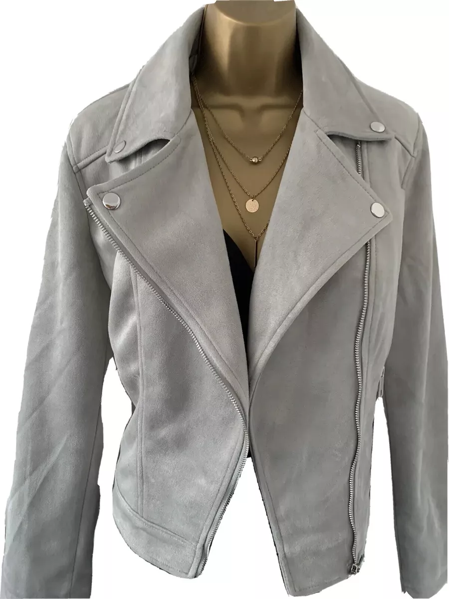 New Look Ladies Light Grey Faux Suede Biker Zip Moto Jacket Size 14 New W Tags