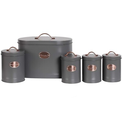 Grau 5tlg Küche Aufbewahrung Behälter Set Brotkasten Tee Zucker Kaffee Keksdosen