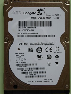 Seagate ST9500325AS | S2W | PN: 9HH134-022 | FW: 0005HPM1 | SU | 07/2011 | 500GB
