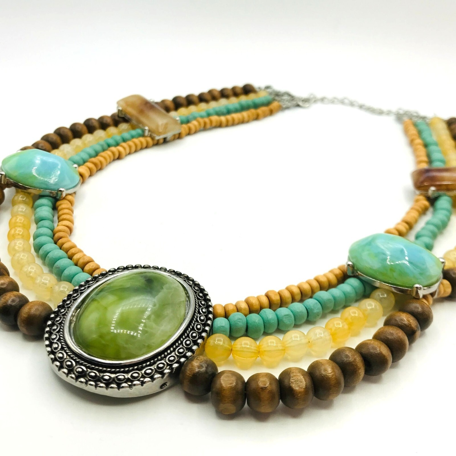 4-strand multi-color beaded necklace with green pendant 16-inch-image