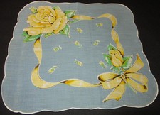 Vintage Hankie Yellow Rose Rosebud Floral Ribbon Bow Accent Hand Rolled Sweet