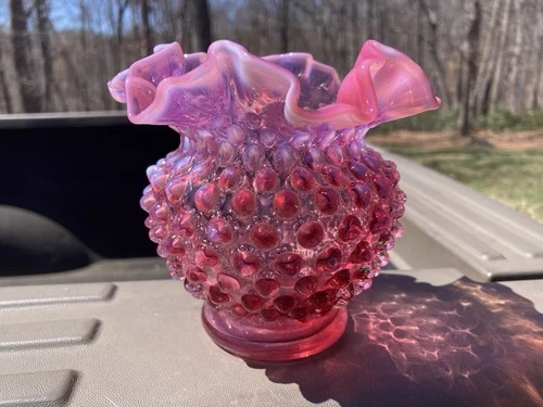 VTG Fenton Cranberry Opalescent Hobnail Ruffled Vase Rose Bowl Art Glass 4 1/2"