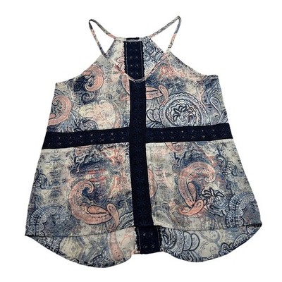 Women's Sleeveless V-Neck Crochet Trim Paisley Print Tank Size S Festival Casual