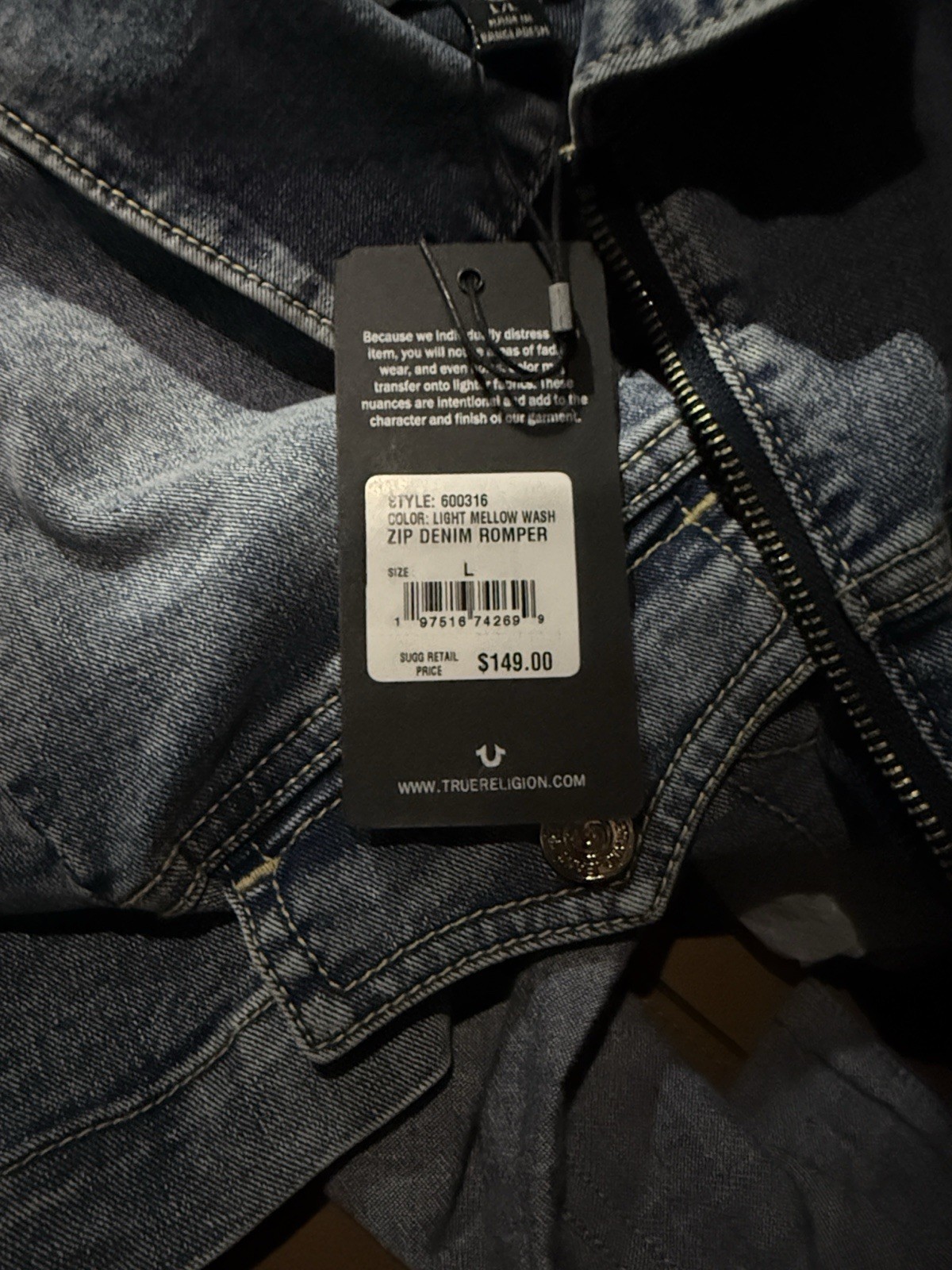 True Religion Women's Blue Denim Romper Short Sleeve Zip Front L thumbnail 7