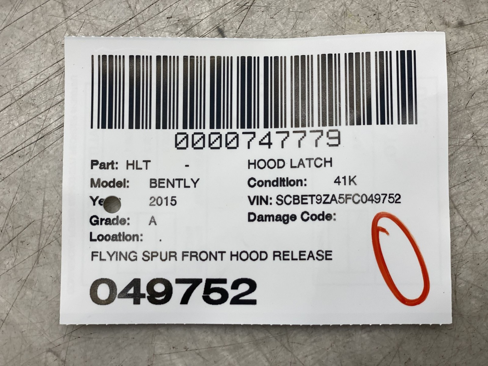 2013-2019 BENTLEY FLYING SPUR OEM FRONT HOOD RELEASE LEVER 3W0823533A