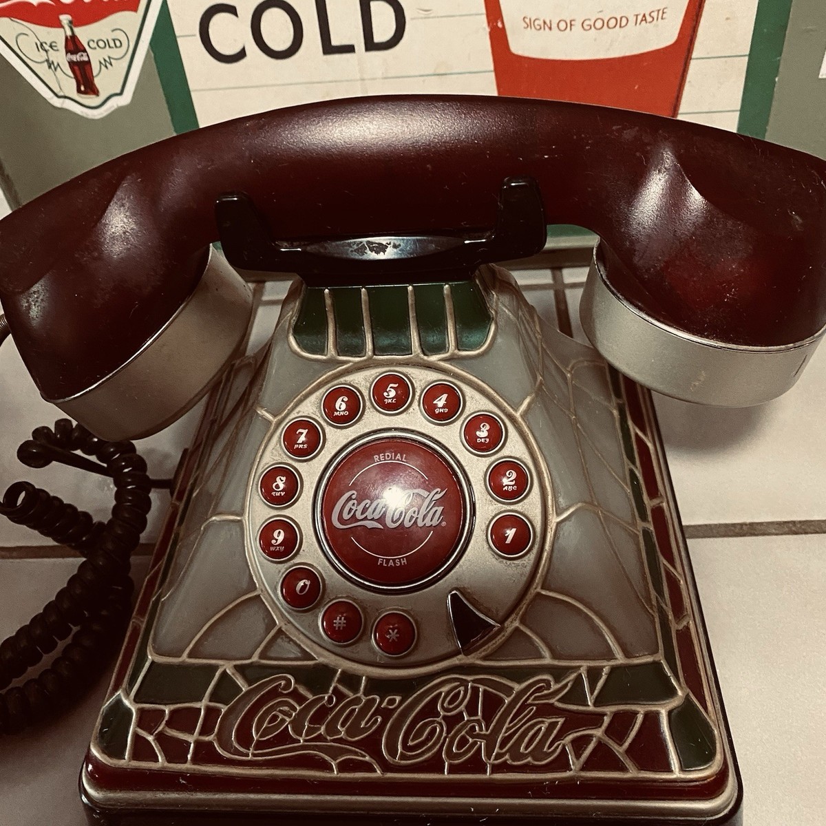 Coca-Cola Collectible Rotary Phone Stained Glass Style Red Green