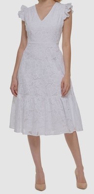 KARL LAGERFELD PARIS Women's White Cotton Eyelet A-Line Dress Size 6