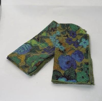 Set of 2 Vtg 60 s Fun Mod Blue, Purple, Olive Green Floral Dinner Napkins MCM