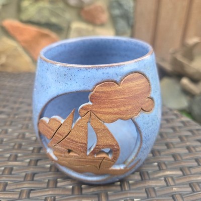 Handmade Studio Pottery Blue Votive Candle Holder Tea Light Lantern Sailboat 