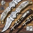 Ashen Edge Hand Forged Twist Damascus Folding Knife Ram's Horn Liner Lock EDC