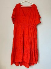 Roman Eyelet Cotton Midi Dress Orange Tiered V-Neck Size 18 Boho Cottagecore