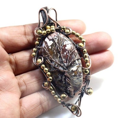 Copper Wire-Wrapped Mexican Laguna Lace Jewellery Pendant Handmade Size 3.1'' GW
