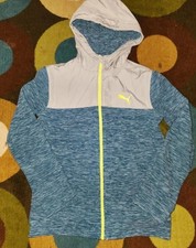 Puma Fleece Jacket Boys Size L 14/16 Teal Grey Activewear Full Zip Hooded