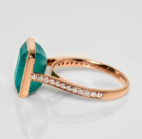 Ring - 14 kt Roségold, 6,25 ct Zambia bläulich-grün Smaragd -0,24ct Diamanten - Bild 3 von 11