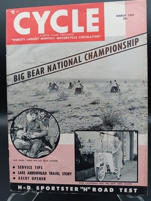 March 1959 CYCLE MAGAZINE Ekin's Triumph Wins Big Bear  Harley Sportster Ascot 